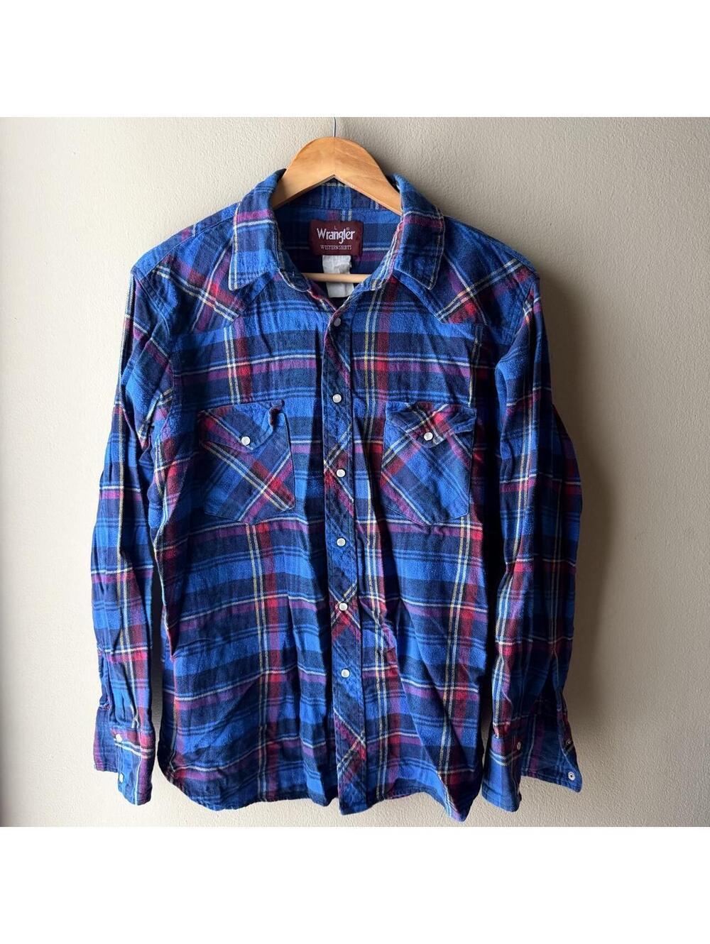 Vintage 90s Wrangler Blue Plaid Pearl Snap Flannel L